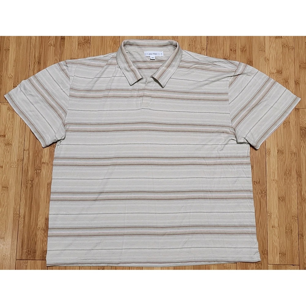 Calvin Klein Polo Shirt Mens Size 2XL XXL Cream Striped Short Sleeve Silk Cotton